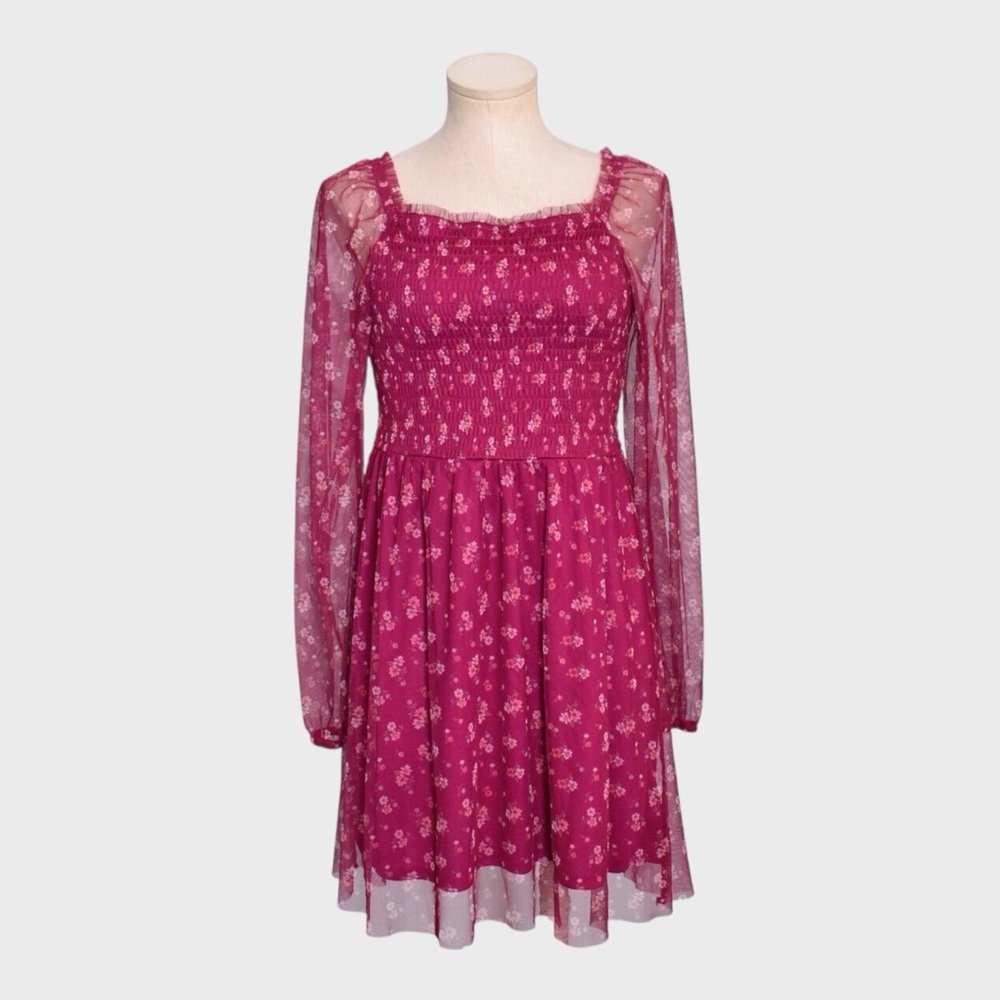 Art Class Smocked Floral Mesh Dress Sheer Long Sleeve Square Neck